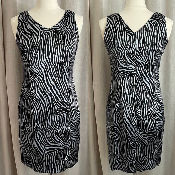 Vintage 90s Dress Size 10 Black Silver Zebra Animal Print Going Out Party Y2K - Picture 1 of 13
